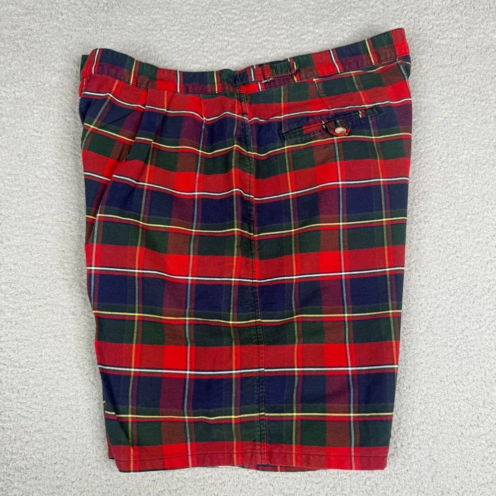 VTG Polo Ralph Lauren Shorts Mens 38 Red Tartain Plaid Pleated Chino USA Made